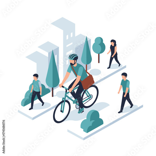 Urban Commute Man Rides Bicycle Through City Park Amidst Greenery and Pedestrians