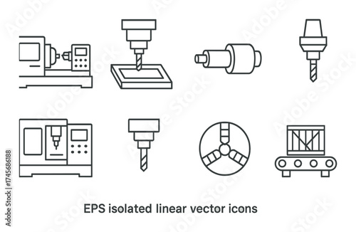 Industrial machinery linear icons set with cnc, drill, conveyor, lathe, isolated on gradient background