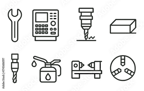 Industrial equipment icons featuring drill press, cnc machine, and oil can