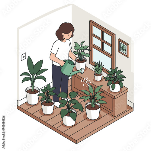 Isometric illustration of a woman watering her vibrant indoor plant collection in a cozy home, a serene depiction of home gardening and nurturing a peaceful, green lifestyle hobby