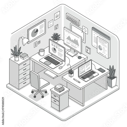 Modern isometric office illustration featuring two productive workstations, computers, data displays, and organized work-from-home or corporate settings