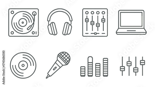 Music production icons: turntable, headphones, microphone, equalizer, laptop