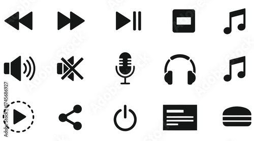 Vector art of collection of media player icons representing various functions and controls