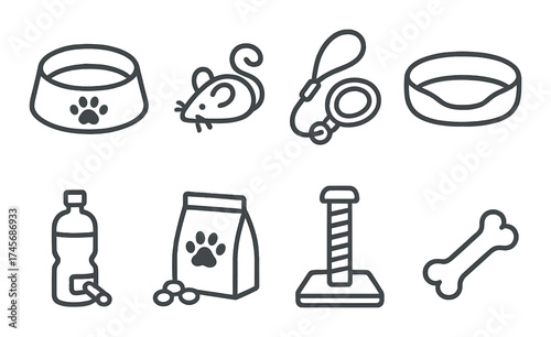 Pet care essentials: bowl, mouse toy, leash, collar, water bottle, food, scratching post, bone