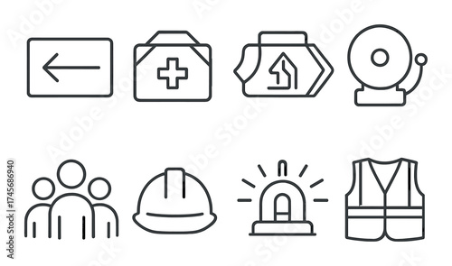 Emergency symbols: direction, first aid, evacuation, alarm, community, helmet, siren, vest