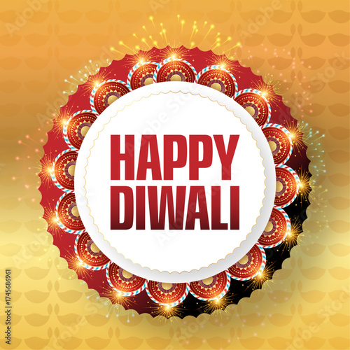 Happy Diwali Text with Crackers, Fireworks celebration with a glowing diya lamp, fireworks, and rangoli design on a pink background, wishing you a joyous and prosperous festival of lights