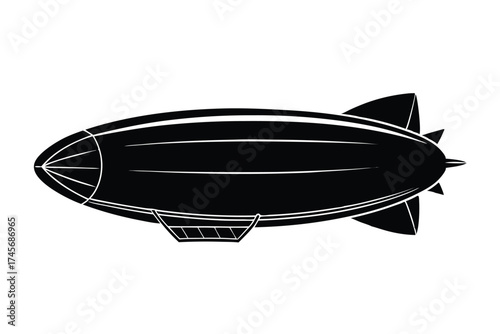 Black Silhouette of Vintage Dirigible Airship with Passenger Gondola Underneath, Fins on Tail