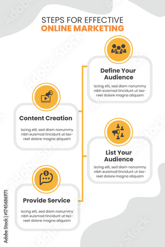 Online marketing 4 steps infographic template. Digital marketing strategy presentation design with numbered process layout, business timeline, and infographic elements. Vector illustration