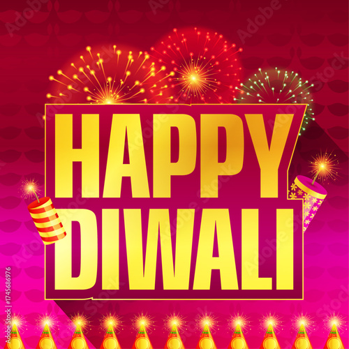 Happy Diwali celebration with a glowing diya lamp, fireworks, and rangoli design on a pink background, wishing you a joyous and prosperous festival of lights
