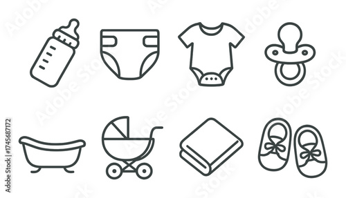 Minimalist baby icons set with bottle, diaper, onesie, and stroller illustrations