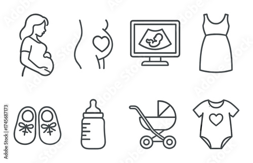 Pregnancy icons: expectant female silhouette and baby essentials
