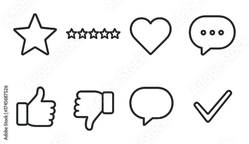 Monochrome rating and feedback icons with star, heart, and checkmark symbols