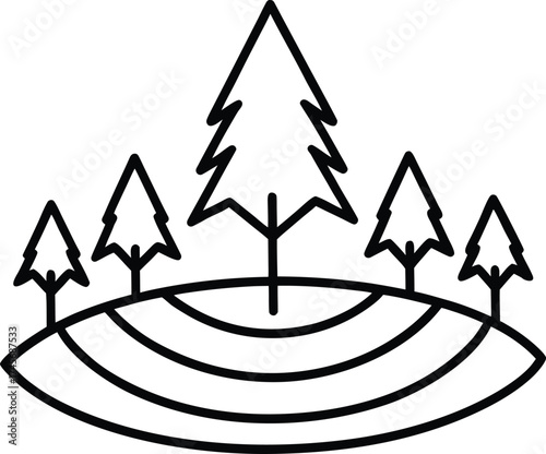 Stylized line art of trees on a curved ground against white background forest nature