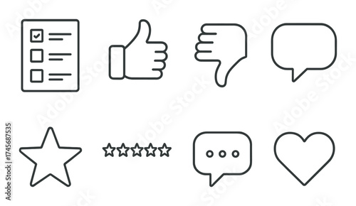 Monochrome feedback icons: checklist, thumbs, star, rating, speech, heart