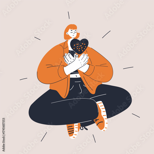 Cartoon vector illustration of a woman sitting in lotus pose holding a heart in her hands as a metaphor for inner peace, self-love, and emotional balance