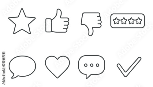 Set of eight feedback icons: star, thumbs up, thumbs down, rating, speech bubble, heart, dot chat, checkmark