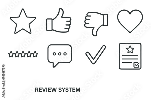 Review system icons: star, thumbs, heart, ratings, feedback, approval