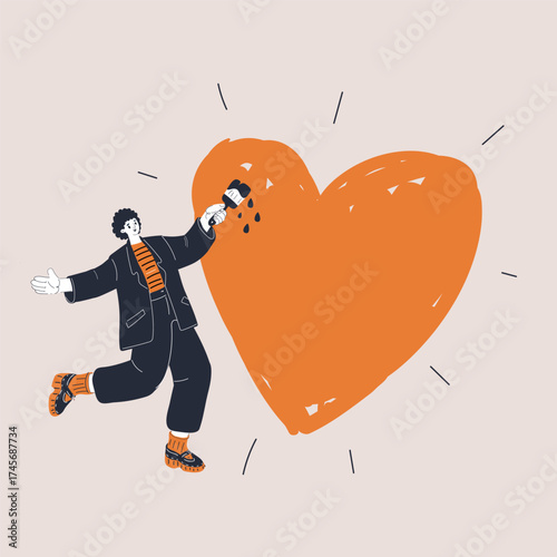 Cartoon vector illustration of a woman painting a large heart as a metaphor for creativity, love, and emotional expression