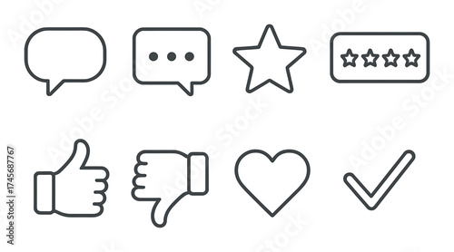 Set of icons for social media: chat, rating, like, dislike, heart, checkmark