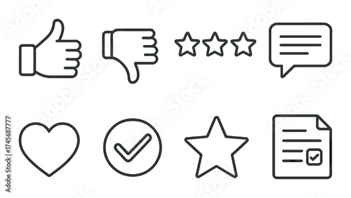 Black and gray icon set featuring thumbs up, stars, and speech bubble