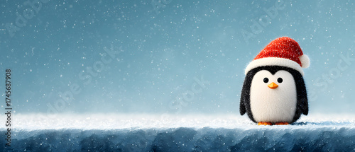 Cute Christmas Penguin Animal with Red Hat in Winter Snow for a Holiday Banner