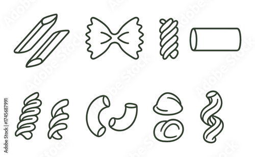 Variety of pasta shapes on dark background