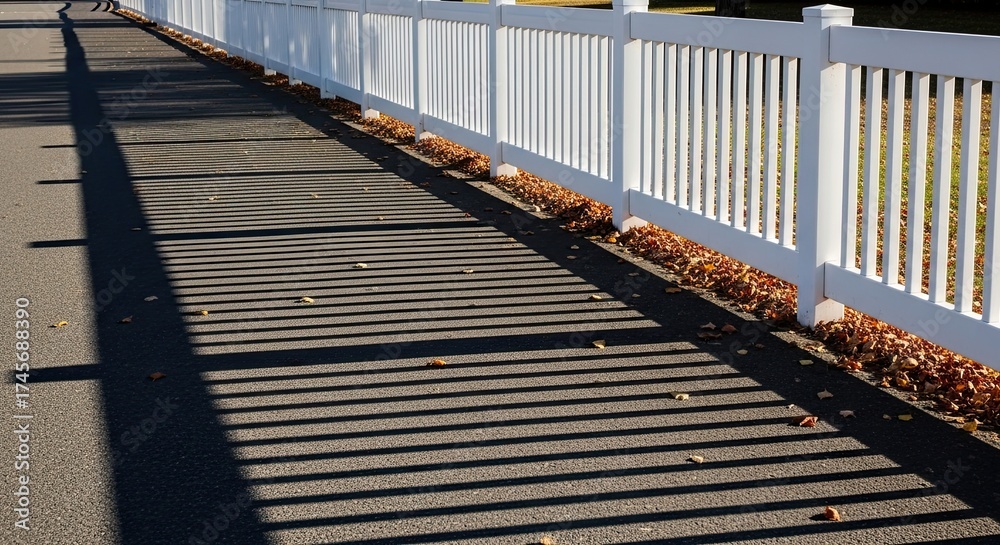Obraz premium Shadows on a Paved Path Beside a White Fence