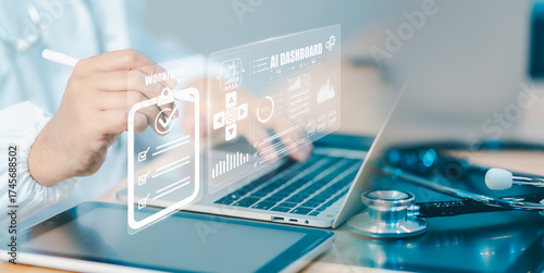 Tableau sur toile Doctor using AI dashboard on laptop with holographic checklist overlay, visualizing KPI data, workflow efficiency, and compliance monitoring in modern healthcare digital system for smart automation