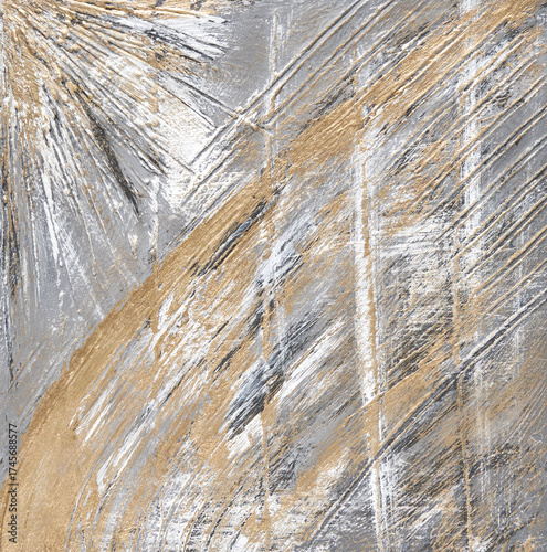 Abstract gold and silver brushstrokes on textured gray canvas creating dynamic artistic composition.