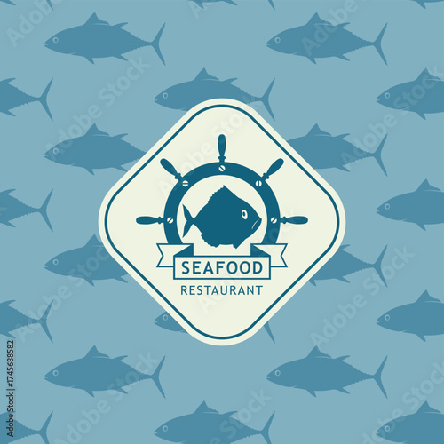 Vector banner with steering wheel on background of seamless pattern with sea fish and steering wheel. Seafood. Logo, menu, label for restaurant, cafe. Signboard for fish market. Canned food. No ai