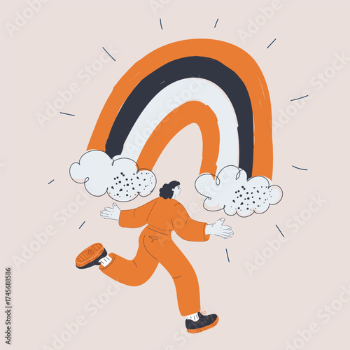 Cartoon vector illustration of a woman running with a rainbow in her hands, rear view, as a metaphor for freedom, hope, and chasing dreams