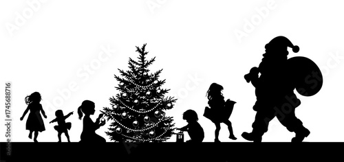 Silhouette of children decorating a Christmas tree. Hand drawn. Not AI, vector illustration