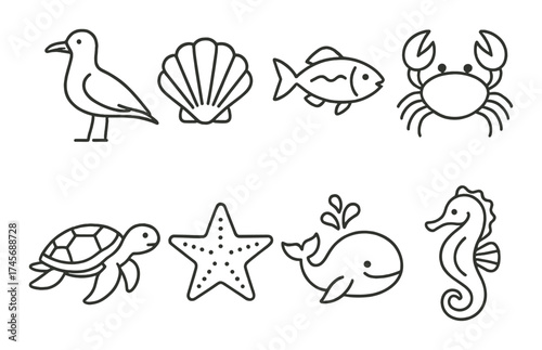 Marine icons: bird, shell, fish, crab, turtle, starfish, whale, seahorse