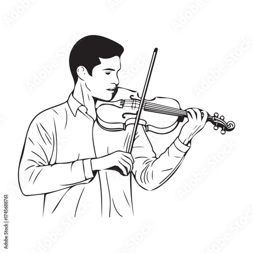 Young violinist playing a classical piece on his string instrument at a concert