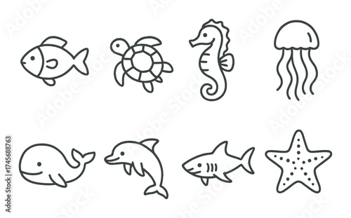 Outline icons of marine animals: fish, turtle, seahorse, jellyfish, whale, dolphin, shark, starfish