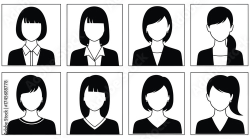 Vector art of collection of eight anonymous female headshots in black and white