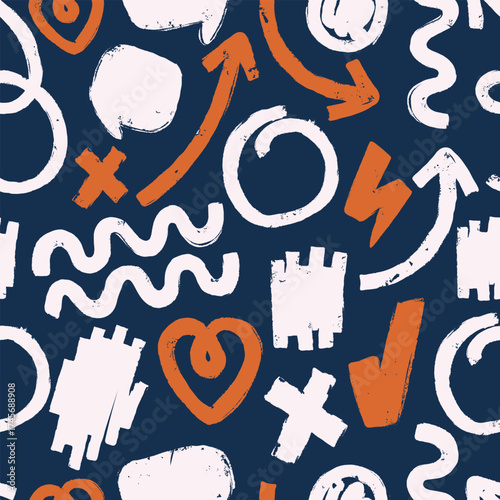 Cartoon vector illustration of a seamless pattern made of abstract doodles and decorative elements as a metaphor for creativity, imagination, and artistic freedom