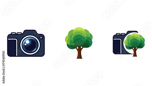 Set of camera and tree icons nature photography concept simple flat vector design element for web and mobile apps isolated on white background