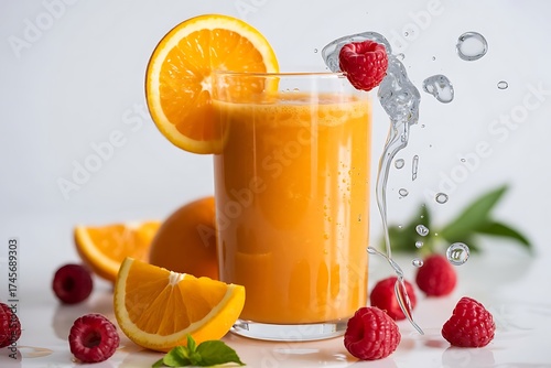 Orange juice in glass with raspberries and water splash