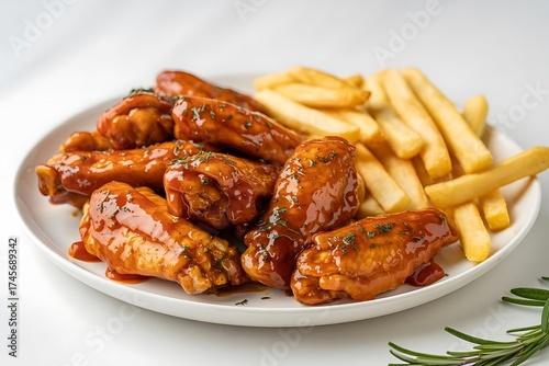 Plate of glistening barbecue chicken wings with french fries and rosemary garnish