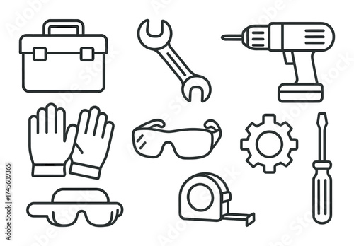 Tool icons on metallic background: toolbox, drill, wrench, gloves, goggles, gear, tape, screwdriver