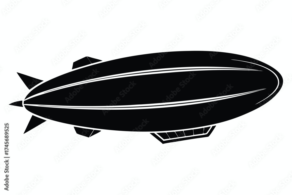 Fototapeta premium Striking Black Silhouette of a Vintage Dirigible Airship with White Stripes and Cabin