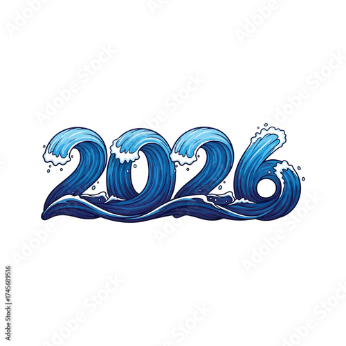 2026 New Year Wave Design ocean sea water illustration number date future holiday celebration greeting card graphic art vector blue