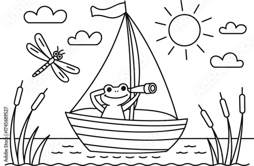 Cute frog in a sailboat looking through a telescope on a sunny day