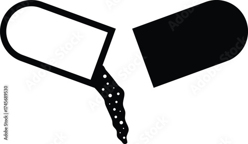 Open Capsule with Falling Granules Silhouette. Black and White Icon Design Elements on Isolated White Background