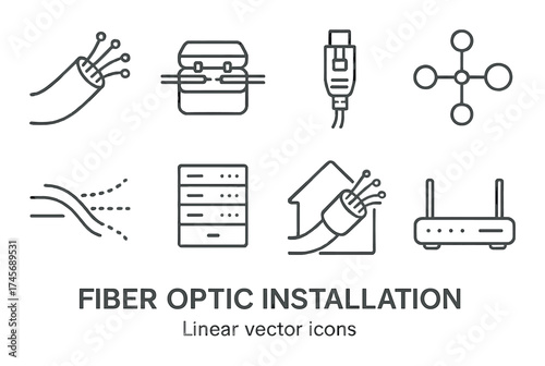 Fiber optic installation icons: cable, box, connector, network, router, signal, technology, communication