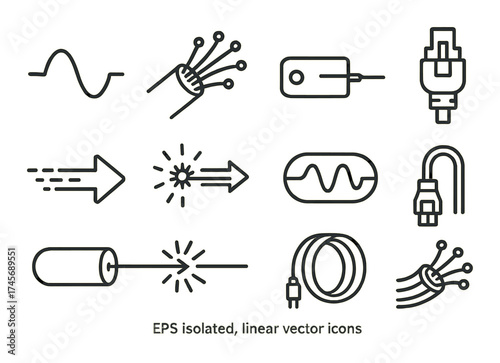 Set of linear electronics icons featuring cables and connections