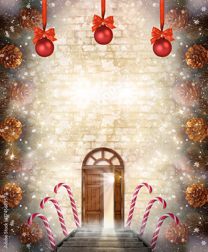 Christmas background with magical opening wooden door and stairs leading to Santa workshop. New Year winter holiday fantasy concept, fairy tale cottage with candy cane, red balls with bow, magic card.