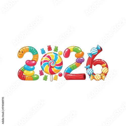 Sweet 2026 New Year Illustration candy sweets lollipop gummy bear colorful isolated number holiday celebration treat design graphic