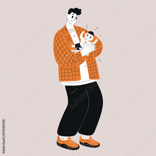 Cartoon vector illustration of a father holding a small child as a metaphor for protection, love, and nurturing parenthood